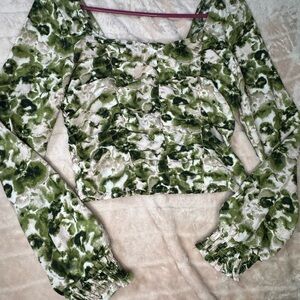 Open Edit Floral Green Women's Cropped Top with Long Sleeves Size M
